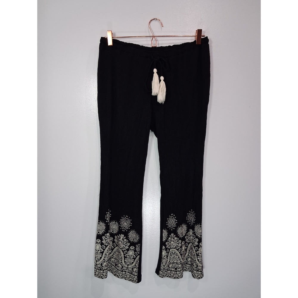 Entro Black Gauze Wide Leg Boho Pants Paisley Border Print Tassel Size L